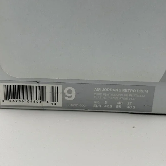 Air Jordan 5 Retro Pure Platinum Mens Sneakers Shoes 881432-003 Size 9 - Picture 10 of 10